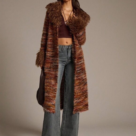 Multicolor Bohemian Women's fuzzy Collar & Cuffs Long Striped sweater Cardigan - Picture 4 of 7